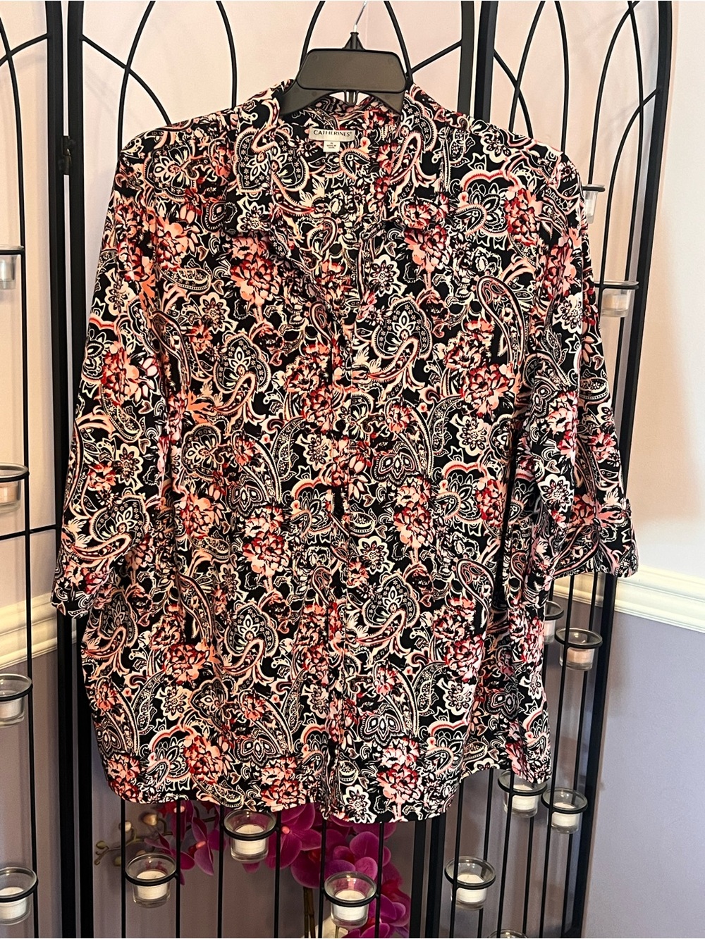 Catherines Black and Pink Paisley Button-Down Shirt